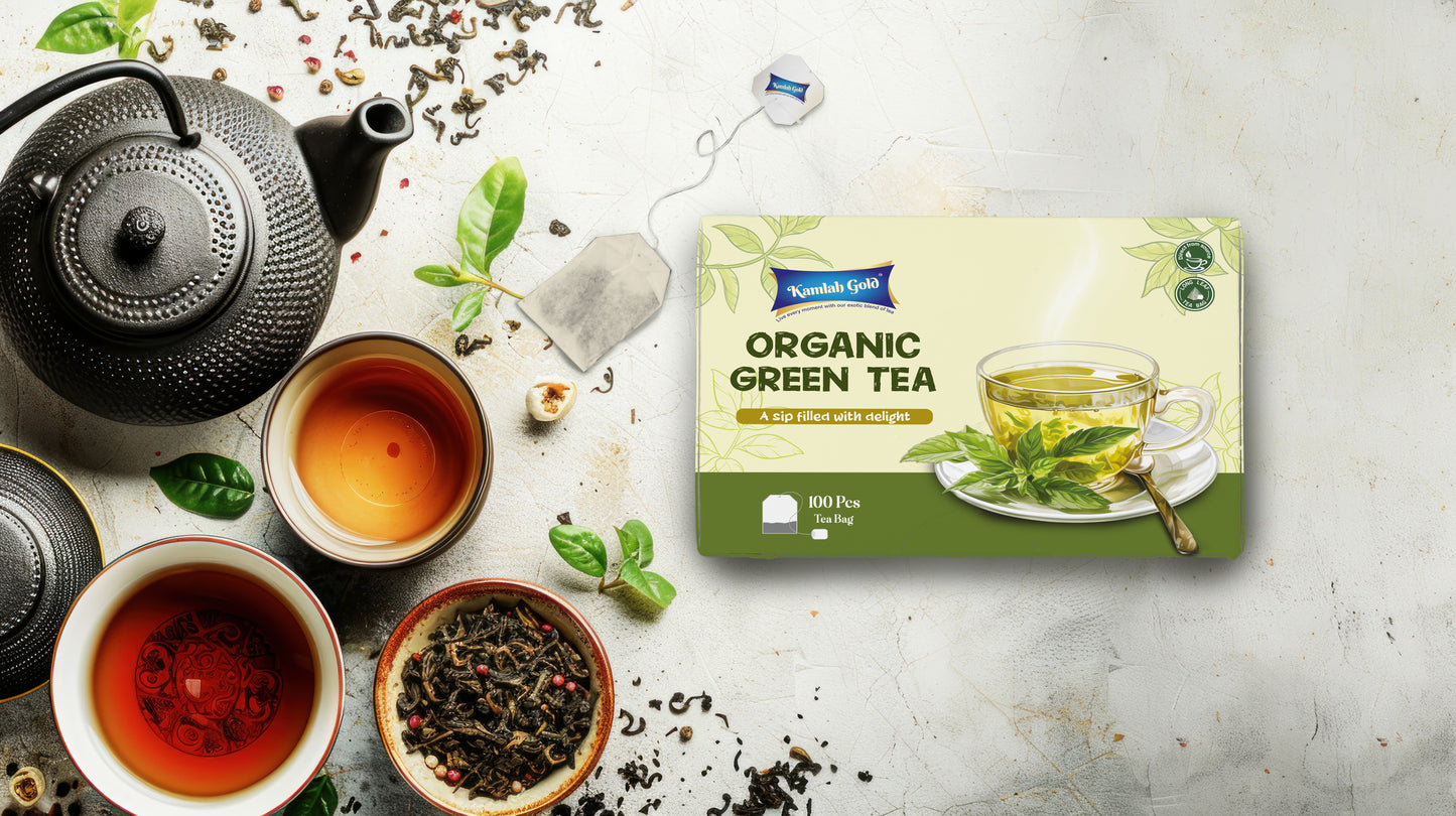Kamlah Gold Organic Green Tea Bags | Refreshing & Natural Whole Leaf Tea | Delicate & Mild Flavour | Antioxidant-Rich | Ideal for Wellness & Relaxation